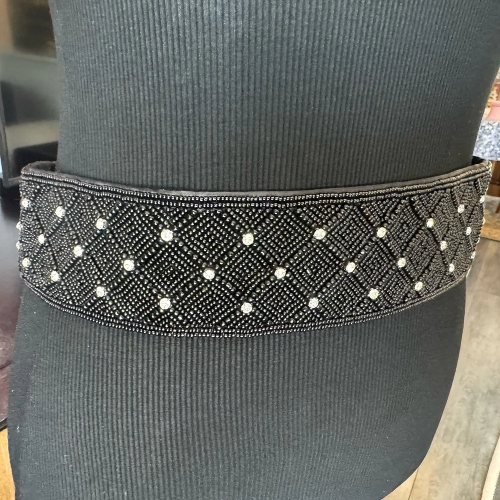 Magid Black Beaded Belt with Rhinestones